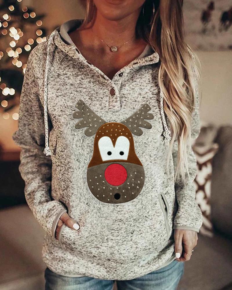 

Christmas Print Casual Hooded Sweatshirt, Gray