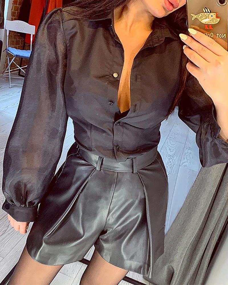 

Mesh Long Sleeve Buttoned Blouse, Black