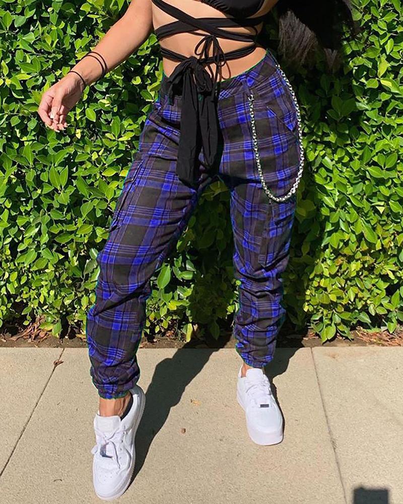 

Pocket Design Plaid Print Chain Decor Harem Pants, Blue