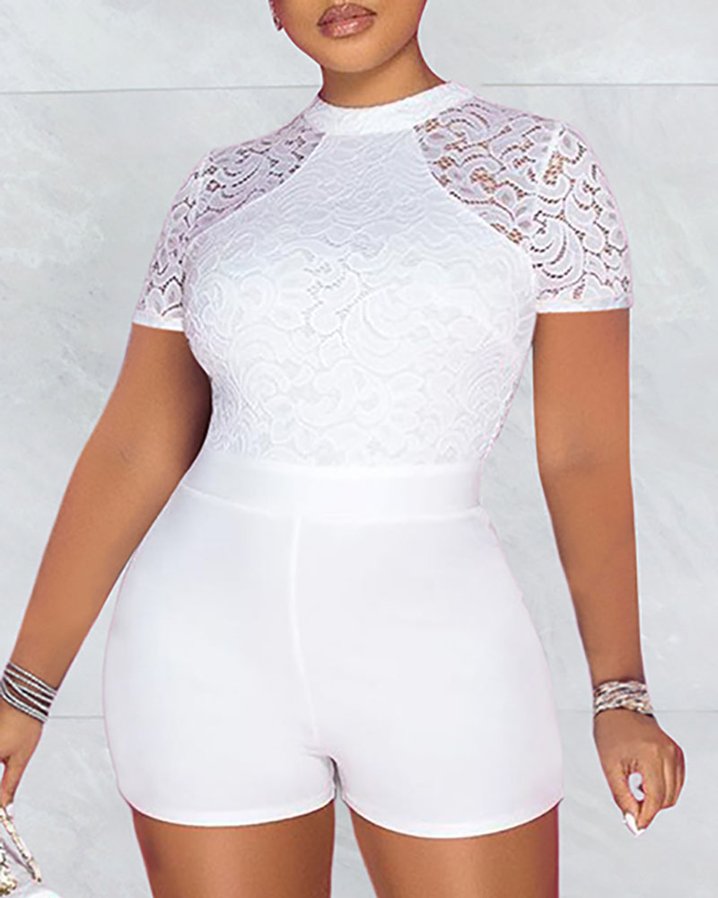 

Lace Patch O-Neck Short Sleeve Romper, White