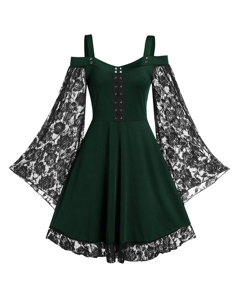 

Halloween Party Cosplay Women Costume Contrast Lace Bell Sleeve Cold Shoulder Medieval Vintage Dress, Green