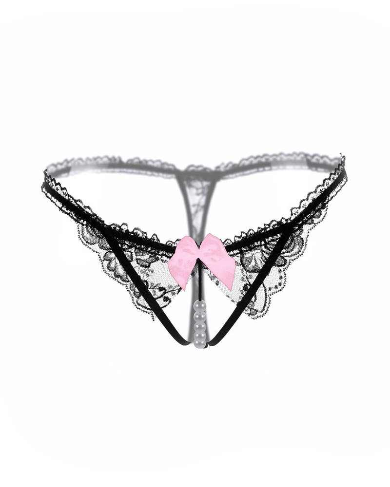 

Lace Trim Bowknot Beaded Thong, Black