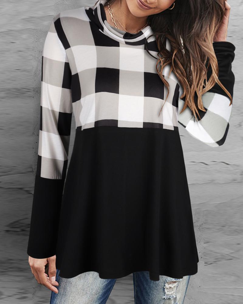 

Contrast Plaid Long Sleeve Flowy Top, Black