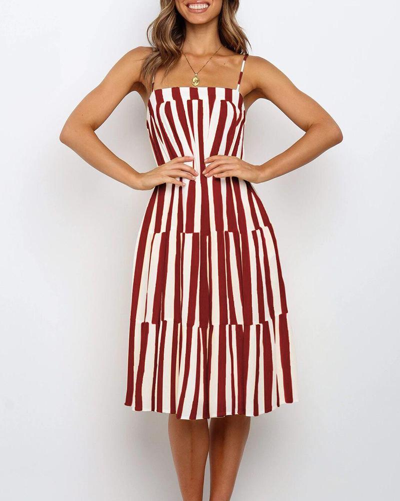 

Square Neck Striped Ruffle Dress, Red