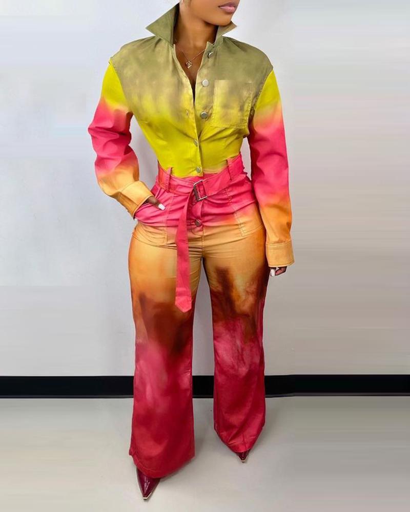 

Ombre Print Buttoned Cargo Jumpsuit With Belt, Multicolor