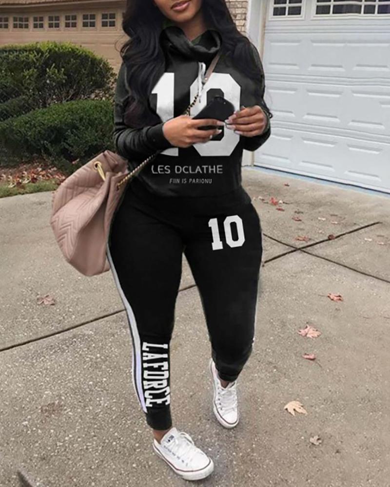 

Number Letter Print Sweatshirt & High Waist Pants Set, Black