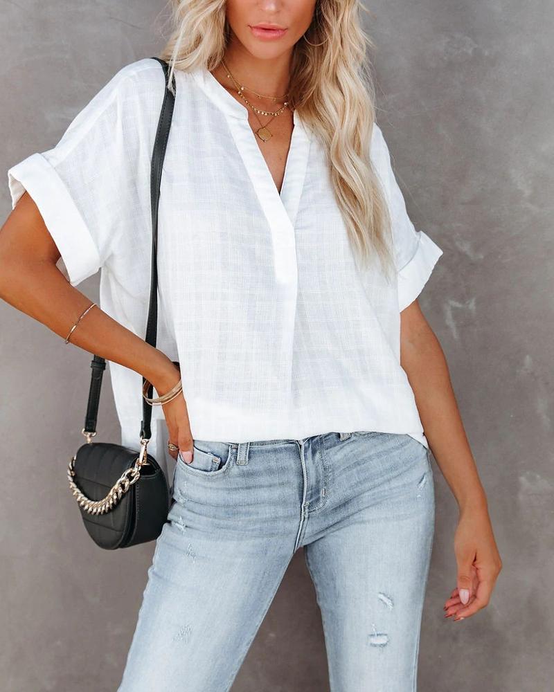 

V-Neck Roll Up Sleeve Flowy Top, White