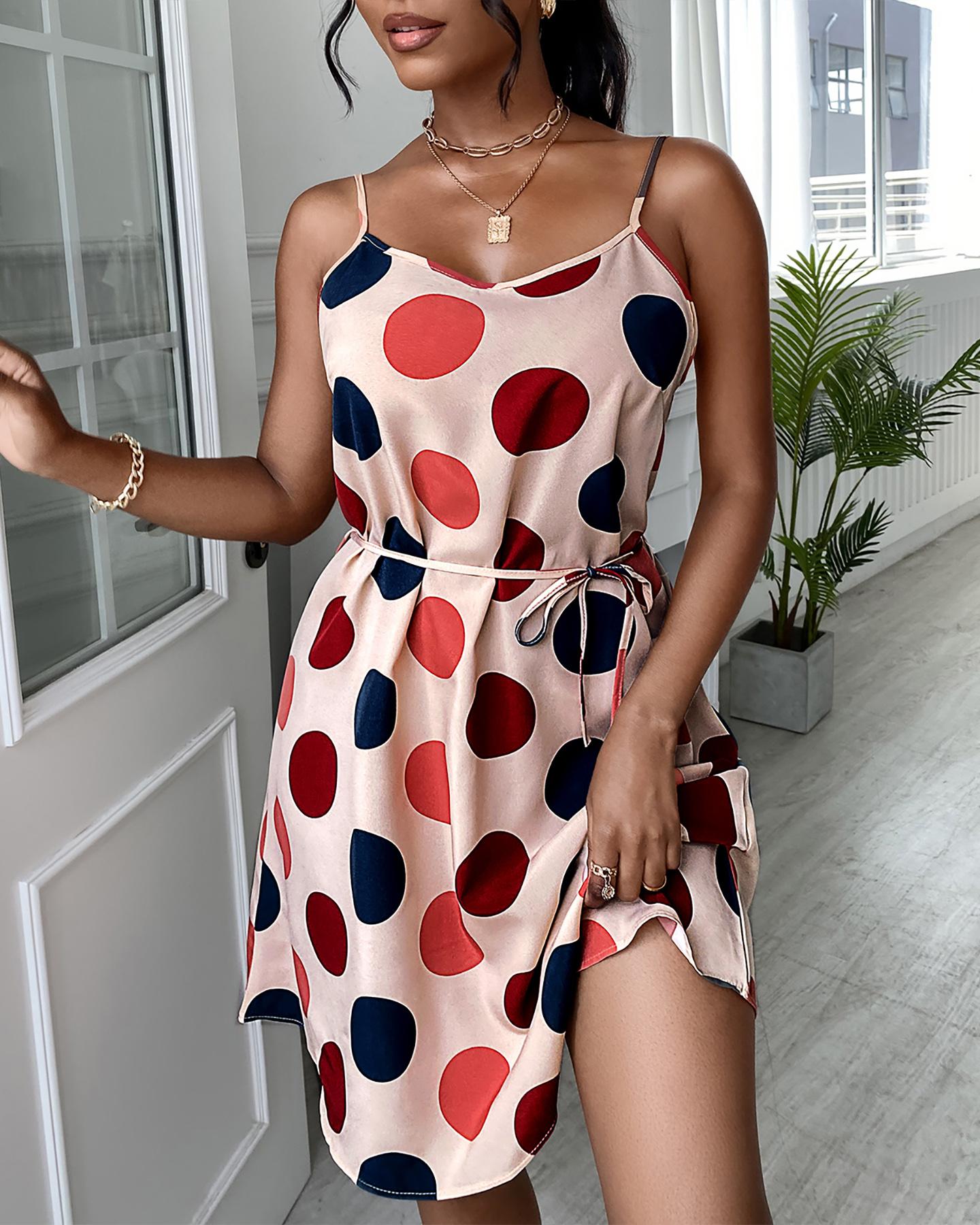 

Colorblock / Polkadot Print Spaghetti Strap V-Neck Dress, Style2