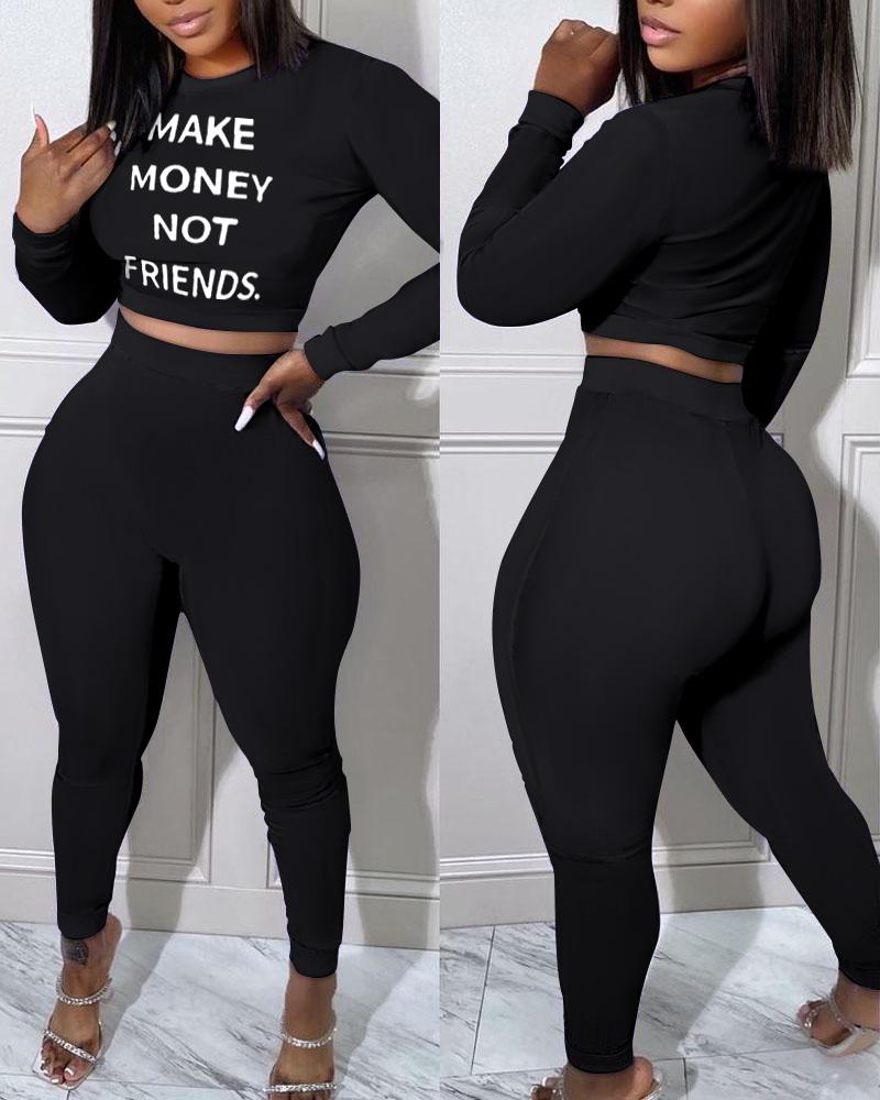 

Letter Print Long Sleeve Crop Top & Pants Set, Black