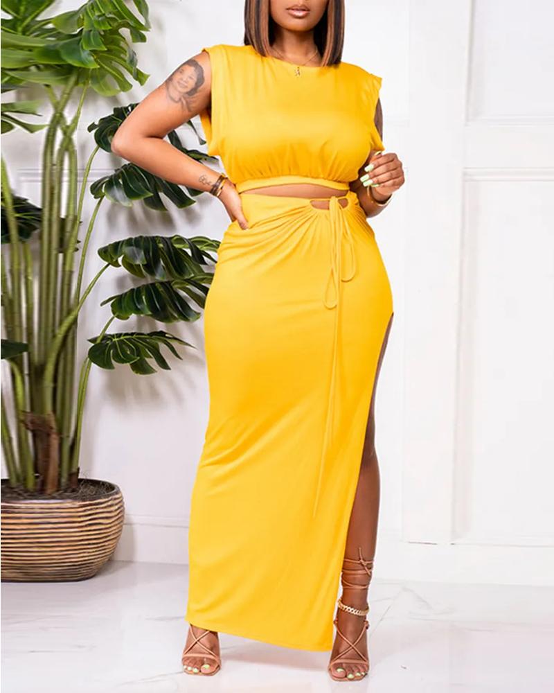 

Plain Crop Top & Drawstring High Slit Skirt Set, Yellow