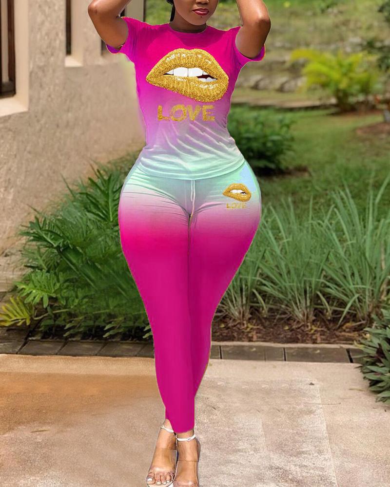 

Lip Letter Print Ombre Casual Top & Pants Set, Hot pink