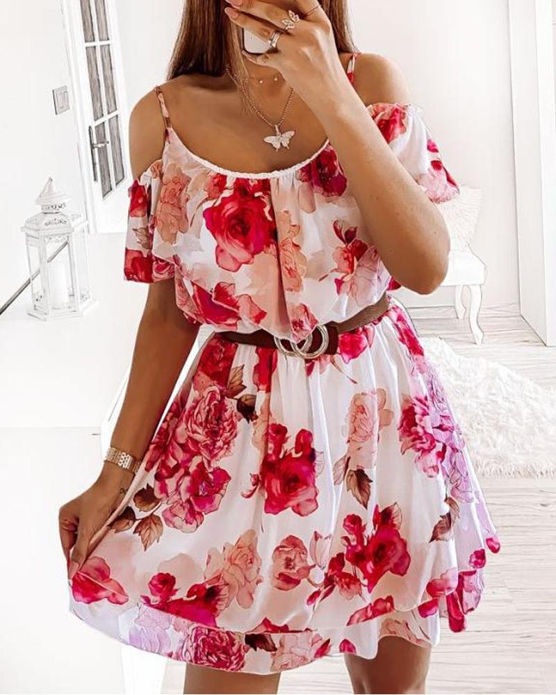 

Floral Print Cold Shoulder Chiffon Dress, White