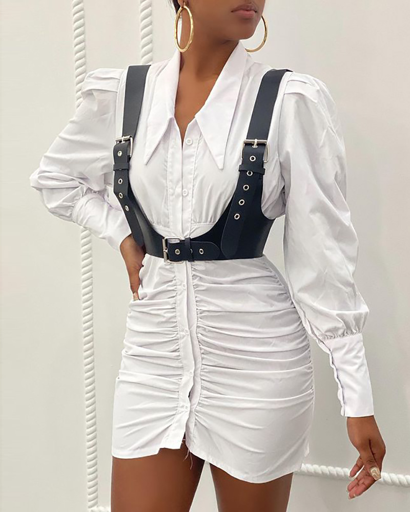 

Ruched Buttoned Puff Sleeve Shirt, White