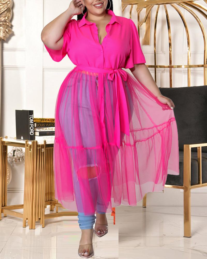 

Plus Size Contrast Mesh Button Front Shirt Dress, Hot pink