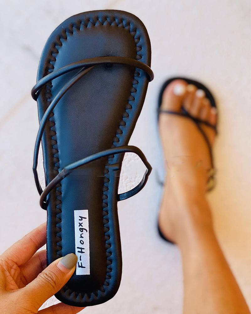 

Round-toe Solid Color Strap Toe Post Flat Slippers, Black
