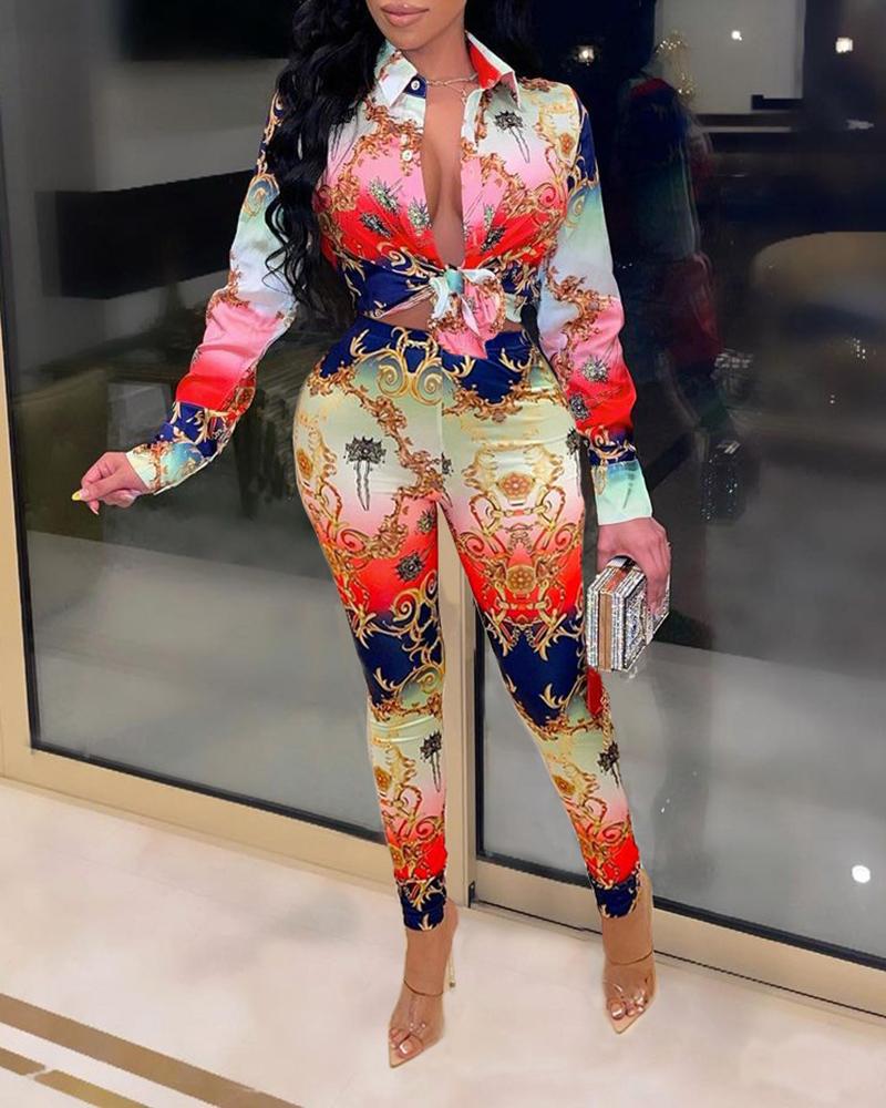 

Scarf Print Long Sleeve Shirt & High Waist Pants Set, Red