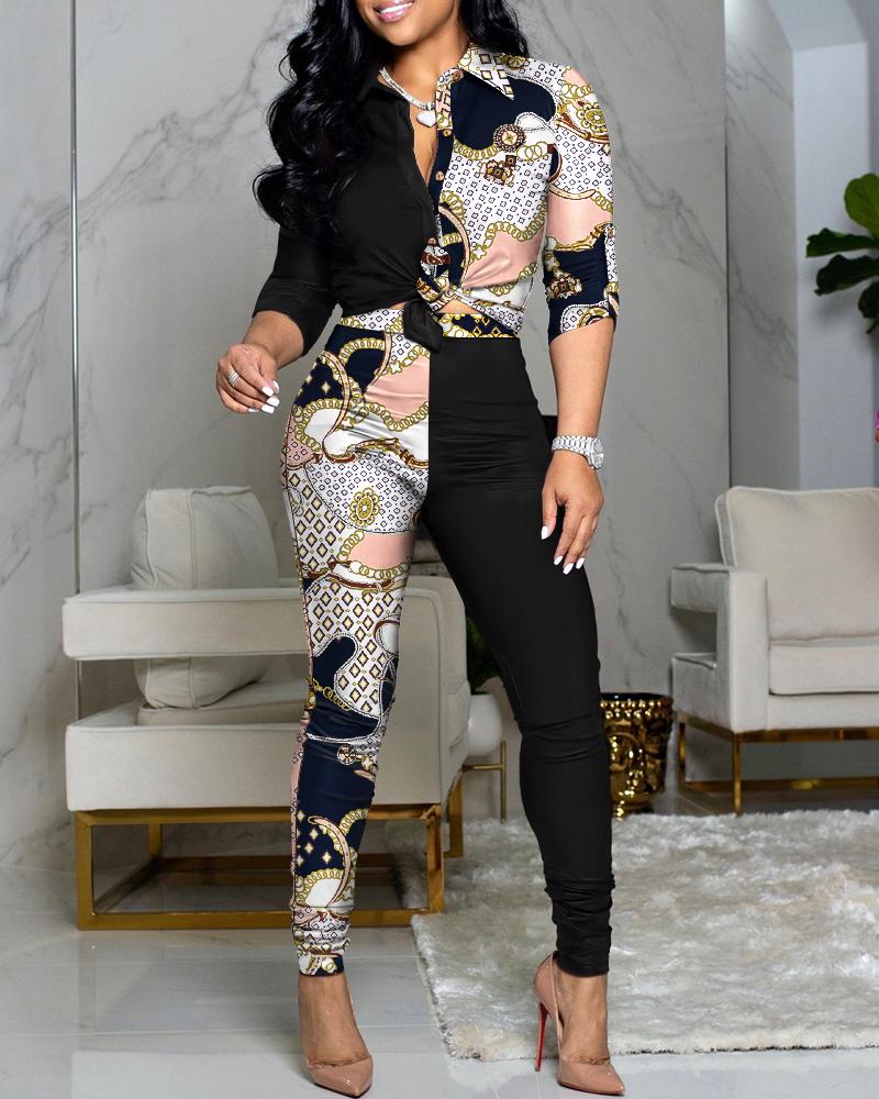 

Scarf Print Colorblock Knot Front Buttoned Top & High Waist Pants Set, Black