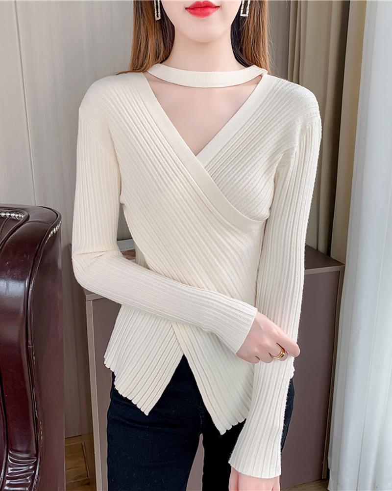 

Long Sleeve Crisscross Knit Top, Apricot