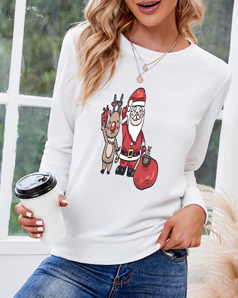 

Christmas Deer Santa Print O Neck Long Sleeve Top, White