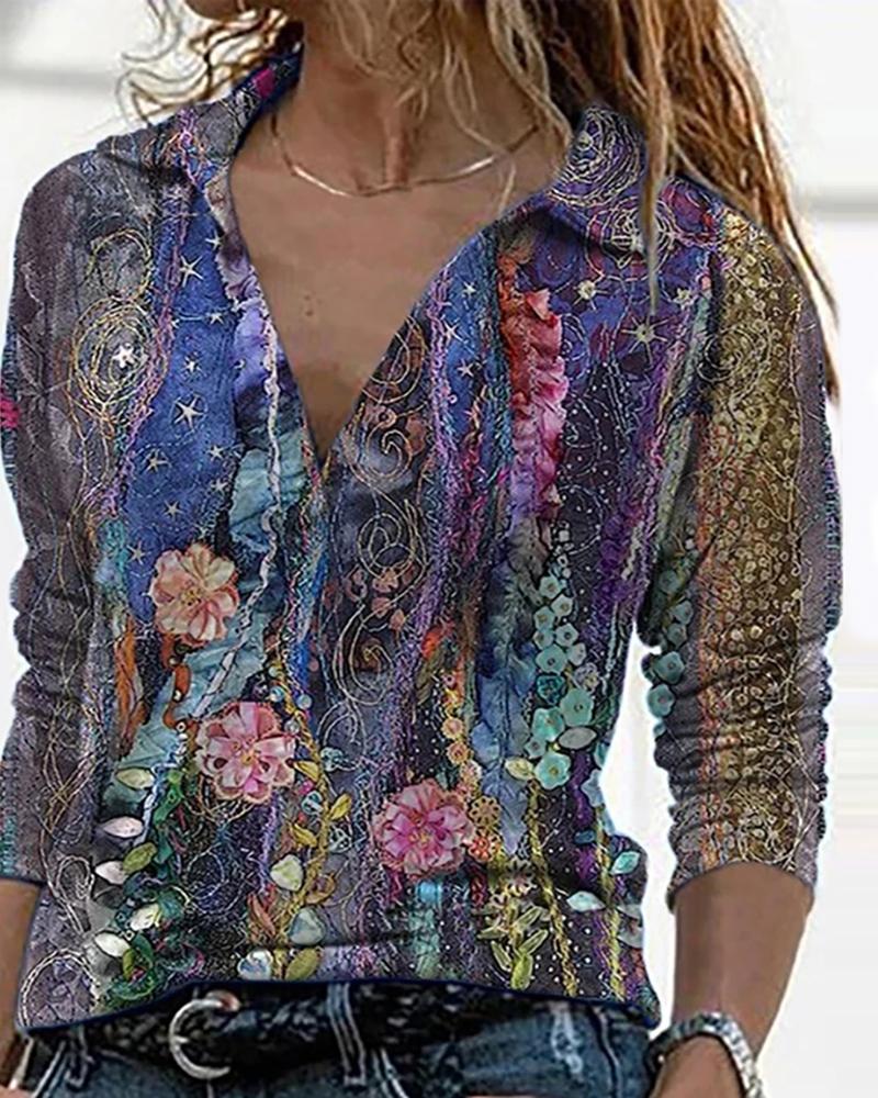 

Long Sleeve Floral Graphic Print Casual Shirt, Purple