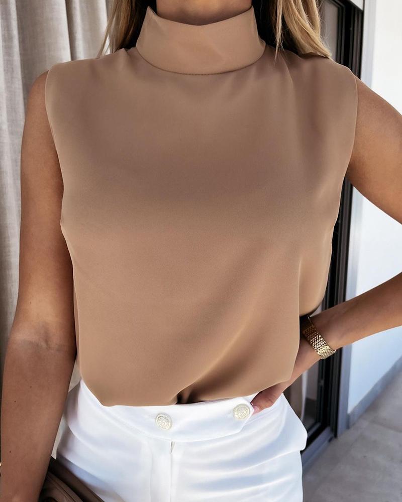 

Plain Mock Neck Sleeveless Basic Top, Coffee