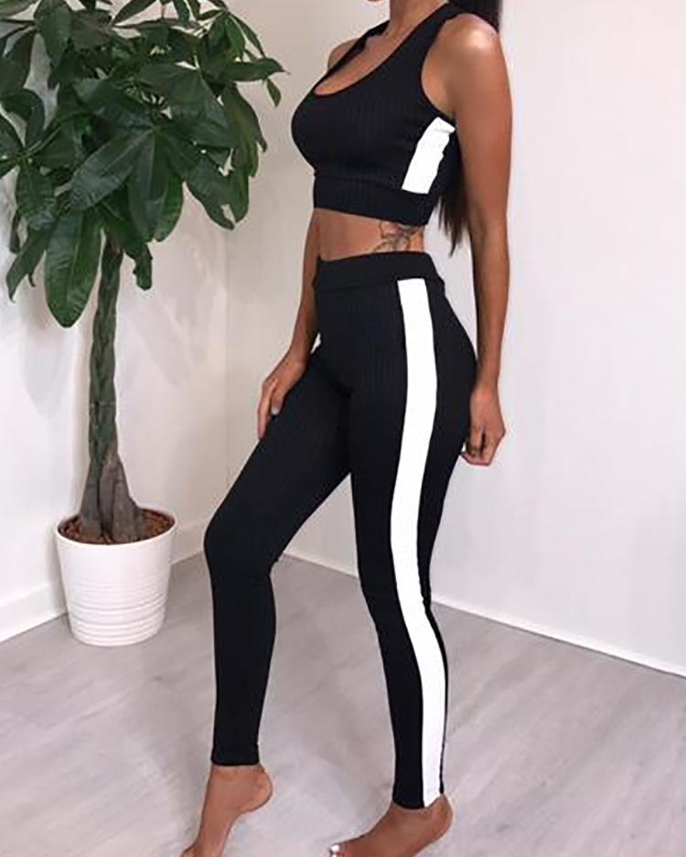 

Side Stripes Cropped Long Pants Pantsuit, Black