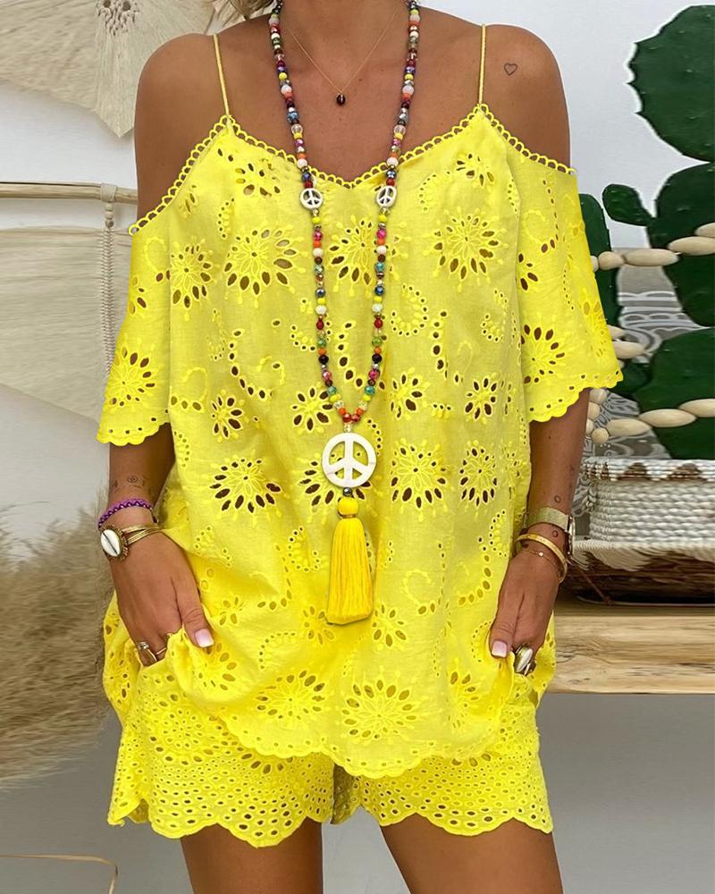 

Eyelet Embroidery Cold Shoulder Top & Shorts Set, Yellow