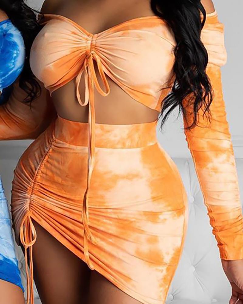 

3PCS Tie Dye Print Drawstring Tied Detail Bikini Set With Cover Up, Orange