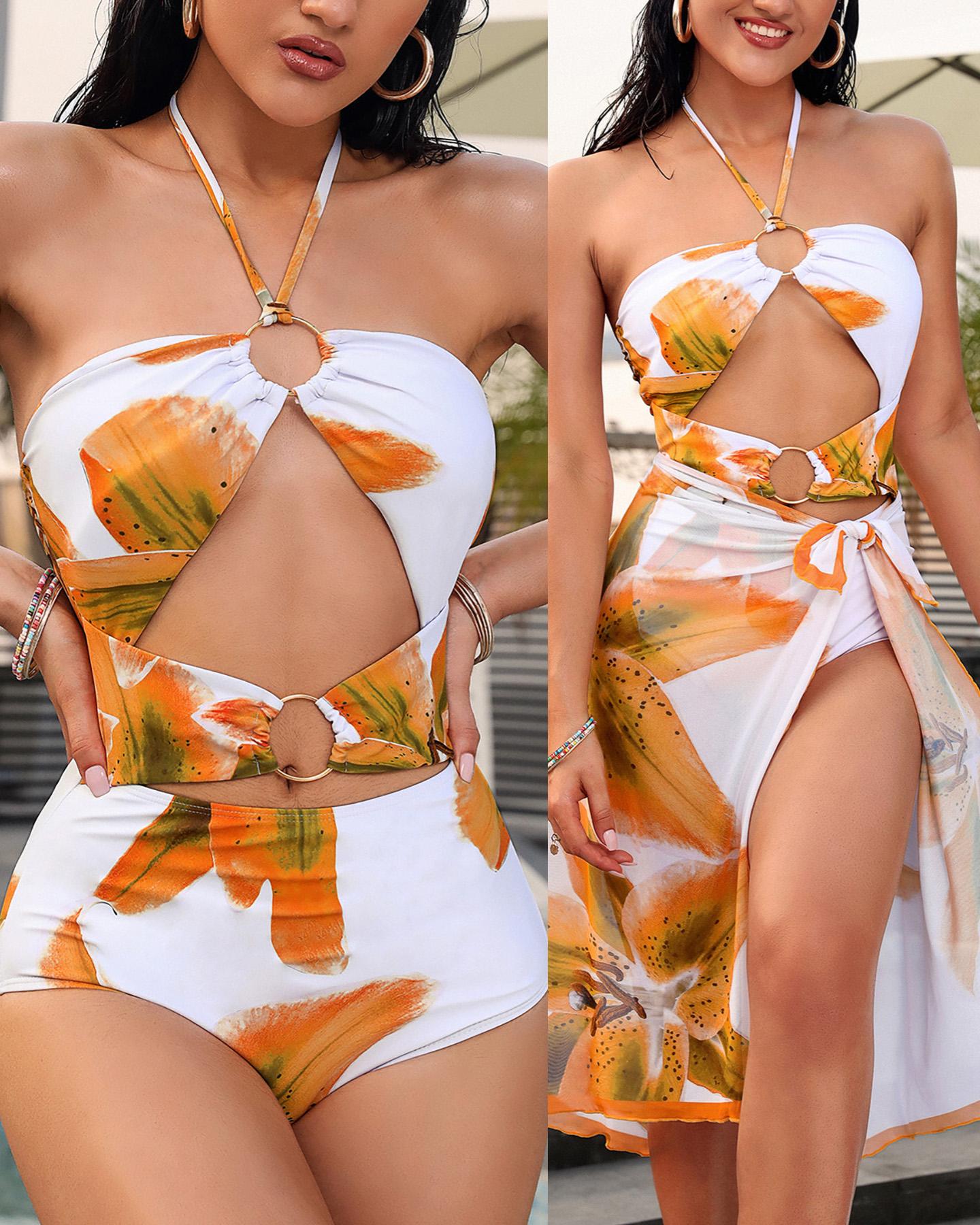 

Floral Pattern Print O-Ring One Piece Swimsuit With Cover Up, Orange