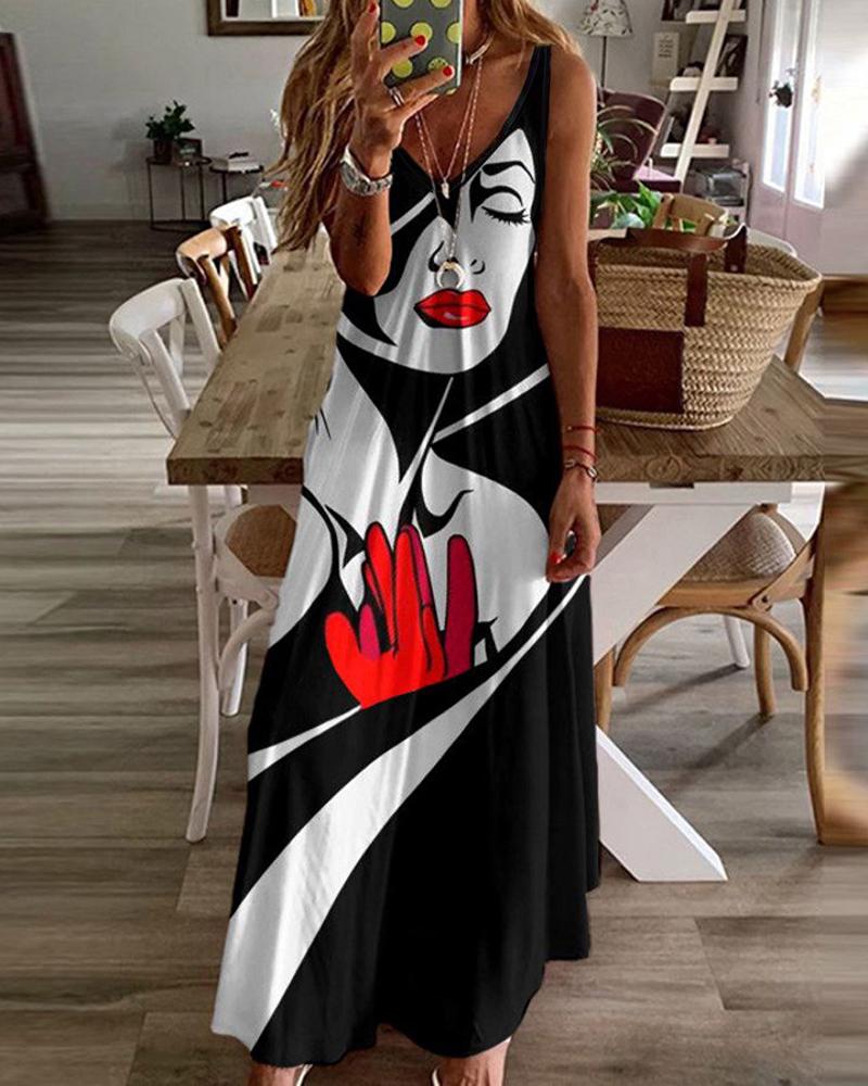 

Abstract Figure Print V-Neck Maxi Dress, Black&white