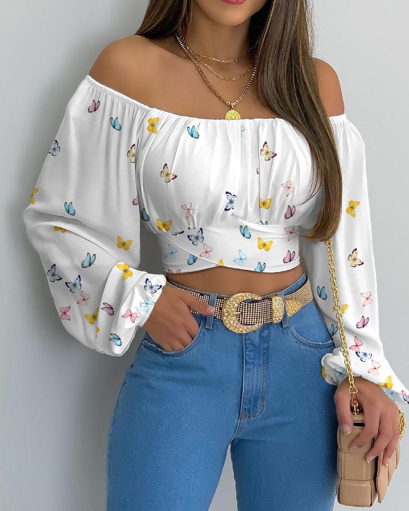 

Butterfly Print Off Shoulder Ruched Lantern Sleeve Crop Top, White