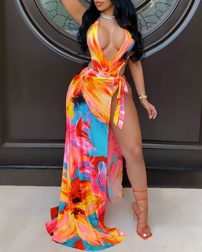 

Graphic Print Backless One-Piece Swimsuit With Cover Up, Multicolor