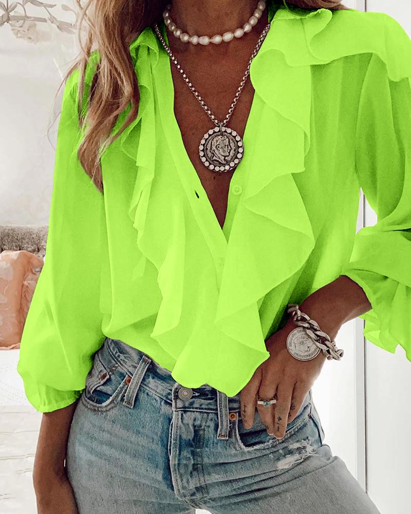 

Ruffles Button Design Long Sleeve Top, Lvs green