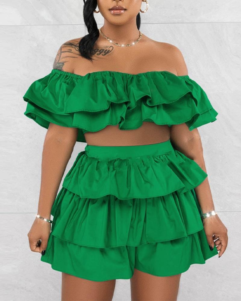 

Layered Ruffle Hem Off Shoulder Top & Shorts Set, Green