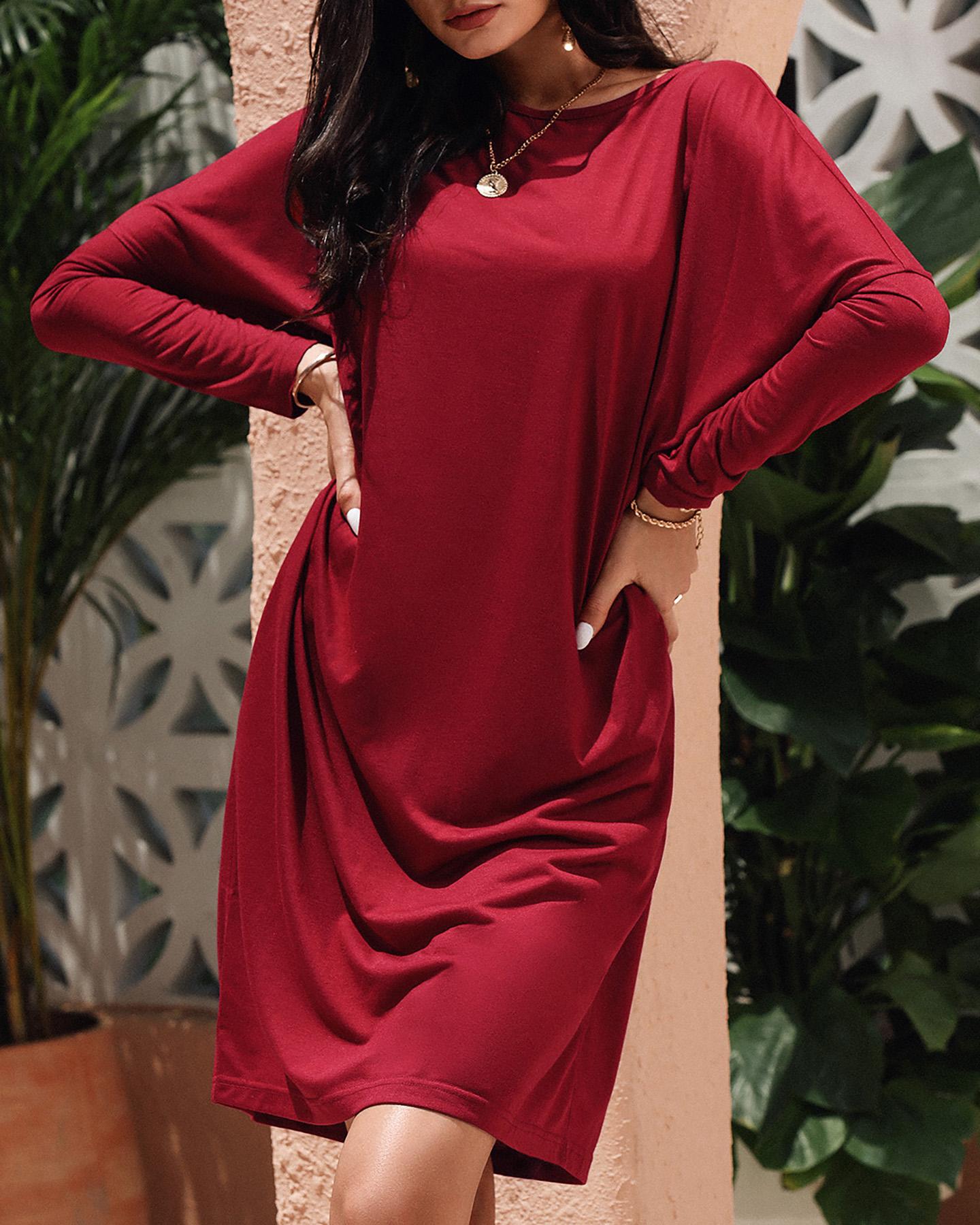 

Round Neck Plain Long Sleeve Casual Dress, Dark red