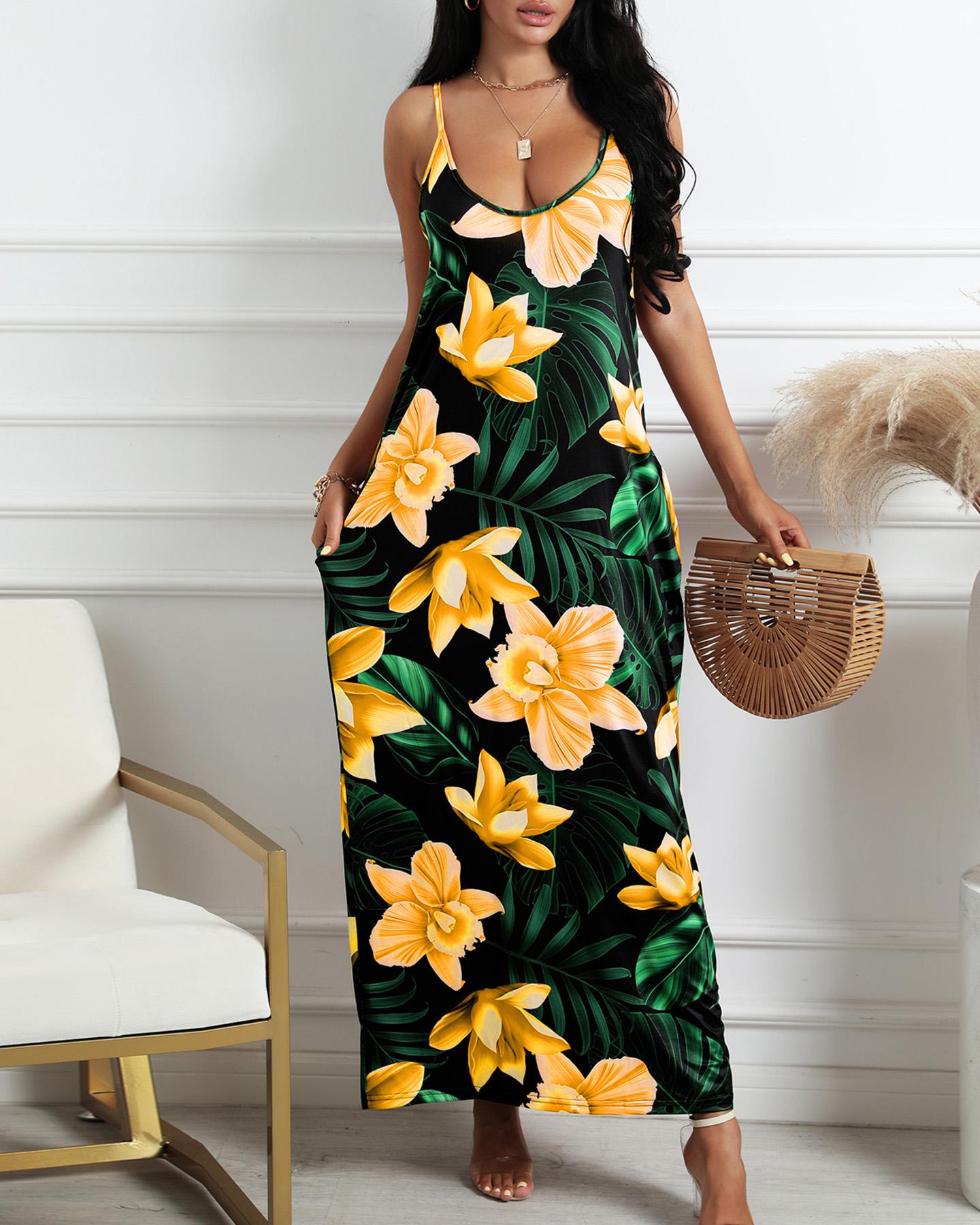 

Floral Leaf Print Spaghetti Strap Maxi Dress, Yellow