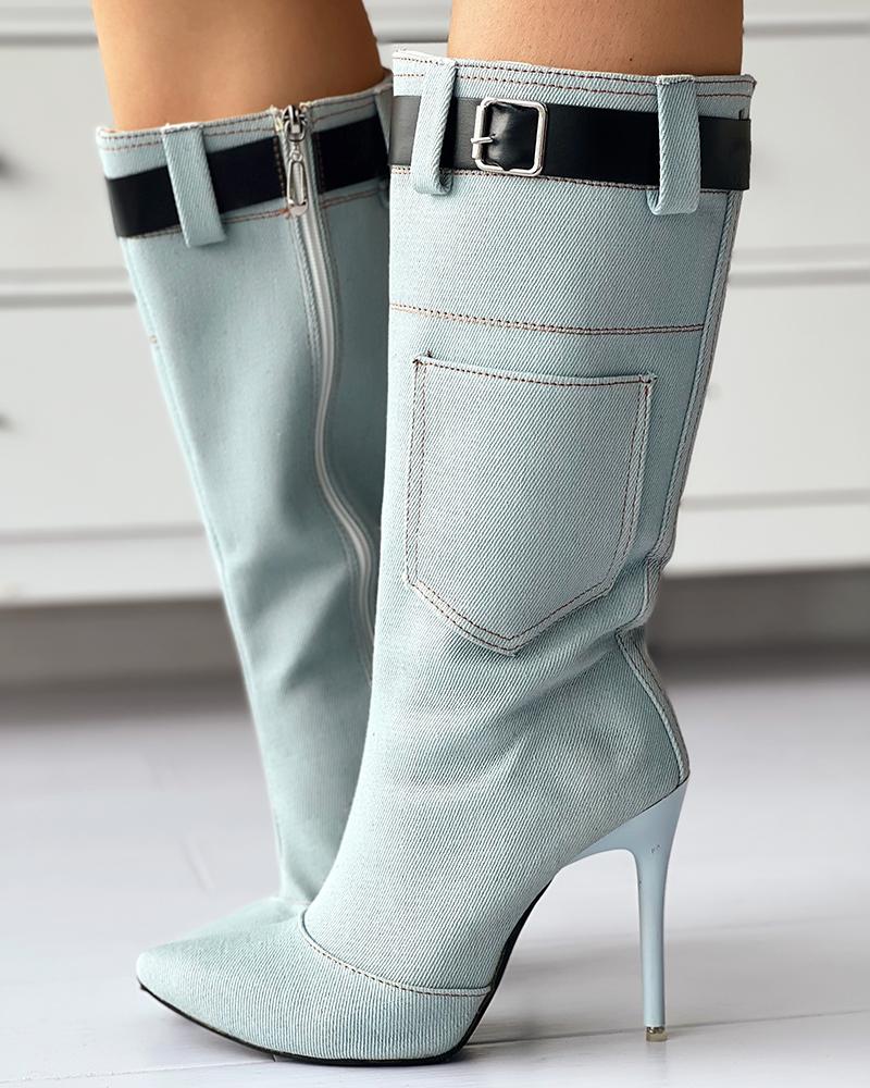 

Denim Pocket Design Calf Boots With Buckled Belt, Lighted blue