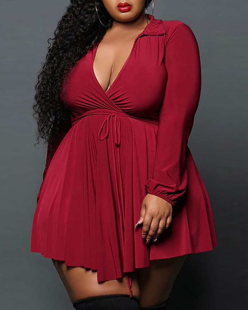 

Plus Size Long Sleeve Tied Detail Casual Dress, Wine red