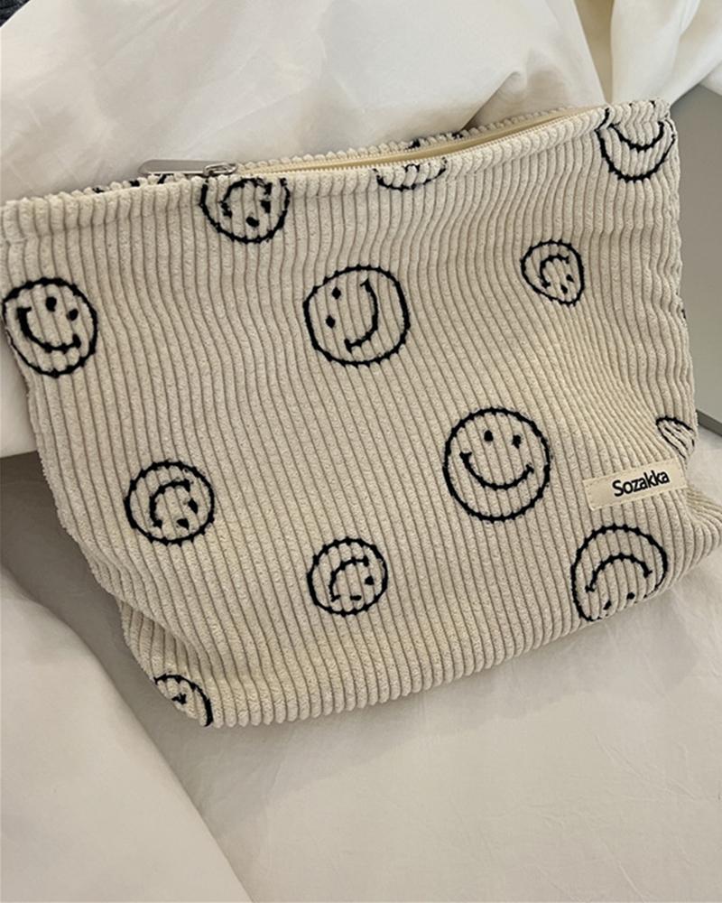 

Smiley Face Corduroy Makeup Toiletry Bag Storage Handbag Accessories Organizer, Beige