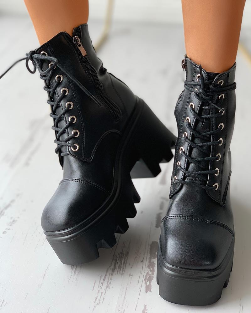 

Zipper Design Eyelet Lace-up Combat Boots, Black
