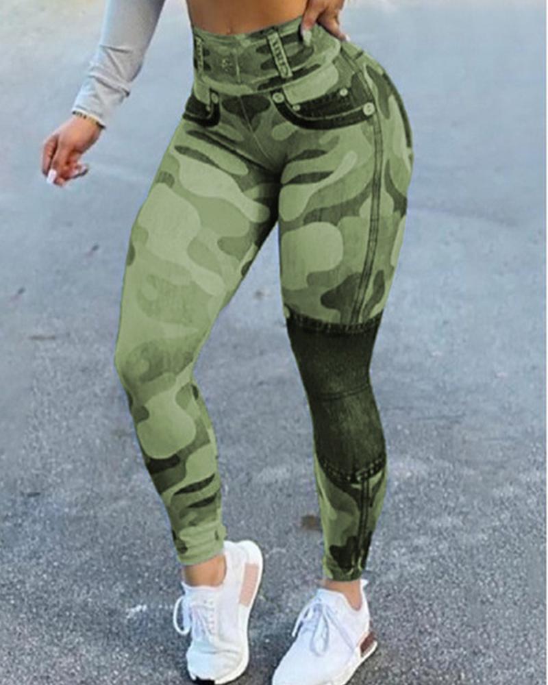 

Camo Denim Look Print High Waist Tummy Control Butt Lift Leggings, Green