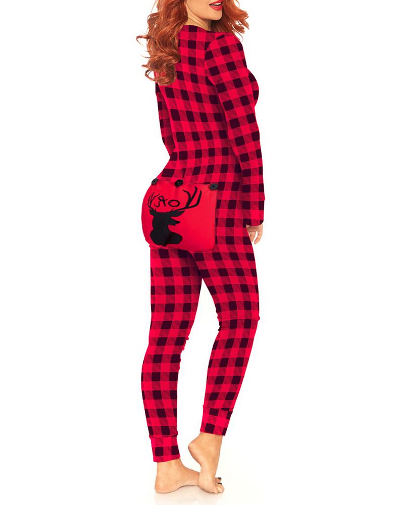 

Christmas Graphic Plaid Print Functional Buttoned Flap Adults Pajamas, Red