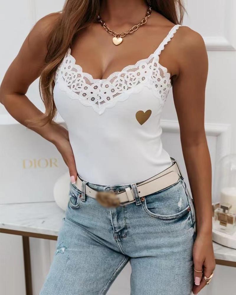 

Heart Print Contrast Lace Cami Top, White
