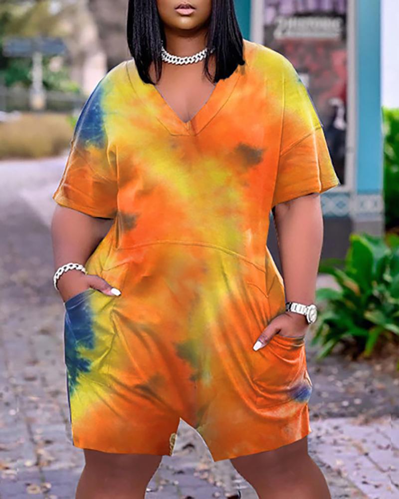 

Tie Dye Print Pocket Design Half Sleeve Casual Romper, Orange
