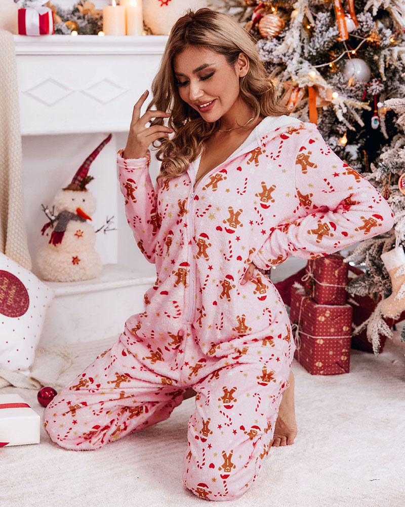 

Christmas Zipper Front Long Sleeve Hooded Lounge Jumpsuit, Pink