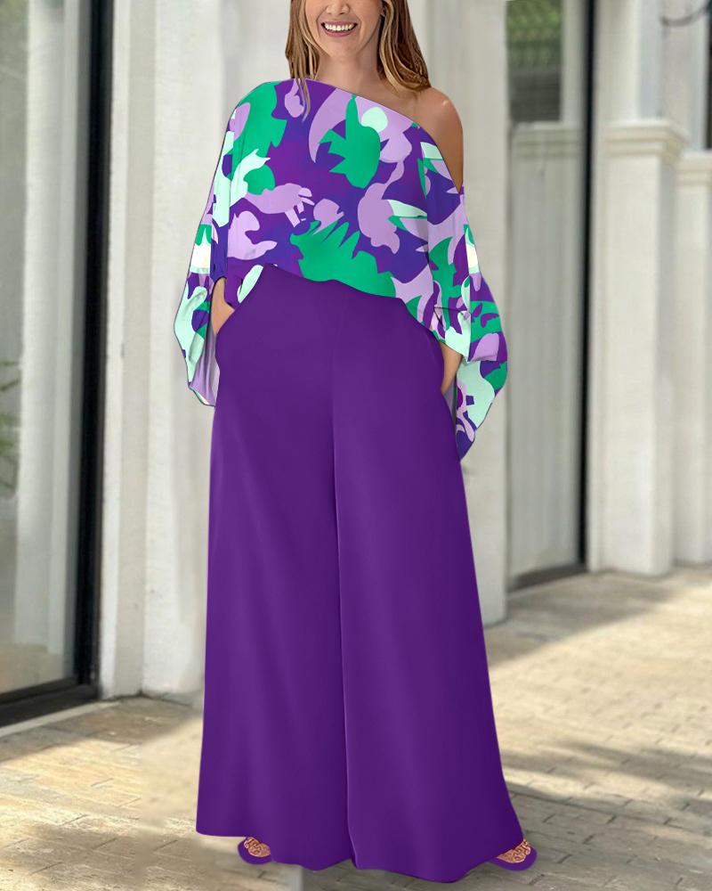 

Colorblock Abstract Print Skew Neck Top & Wide Leg Pants Set, Purple