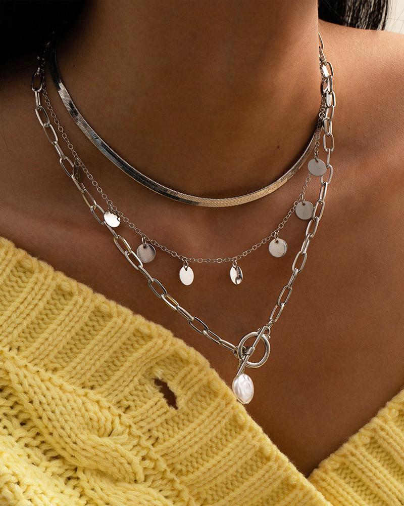 

3PCS Disc Decor Chain Necklace, Silver