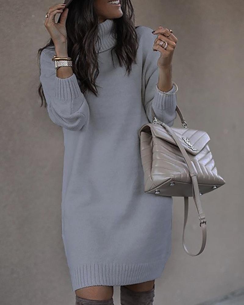 

High Neck Plain Long Sleeve Knit Sweater Dress, Gray