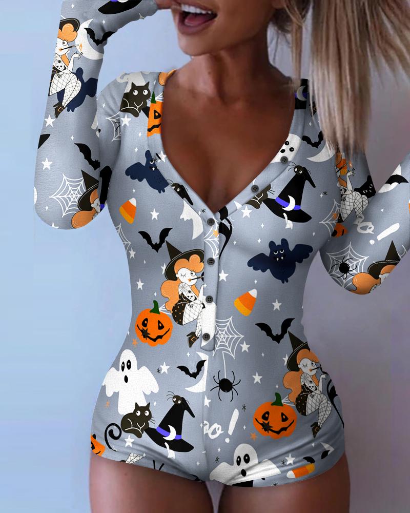 

Halloween Pumpkin Print Button Front Lounge Romper, Gray