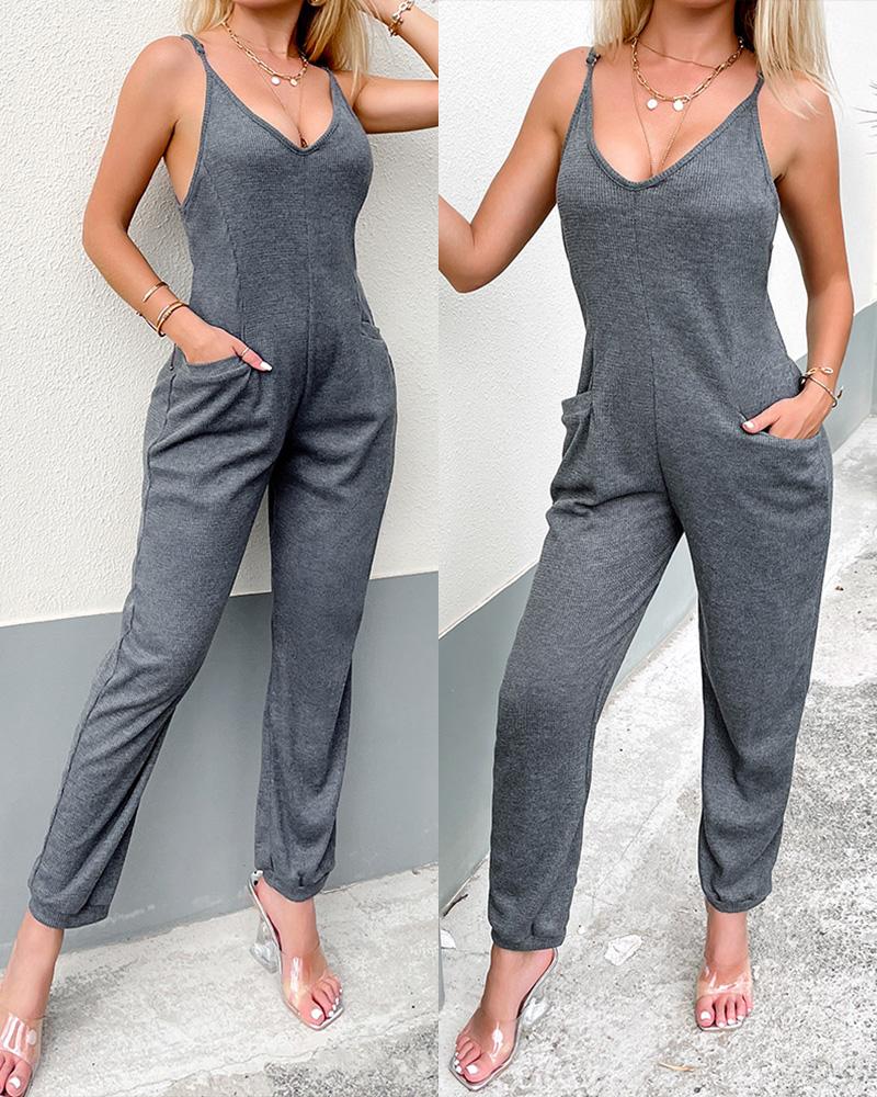 

Sleeveless Overalls Pocket Design V-Neck Jumpsuit, Dark grey